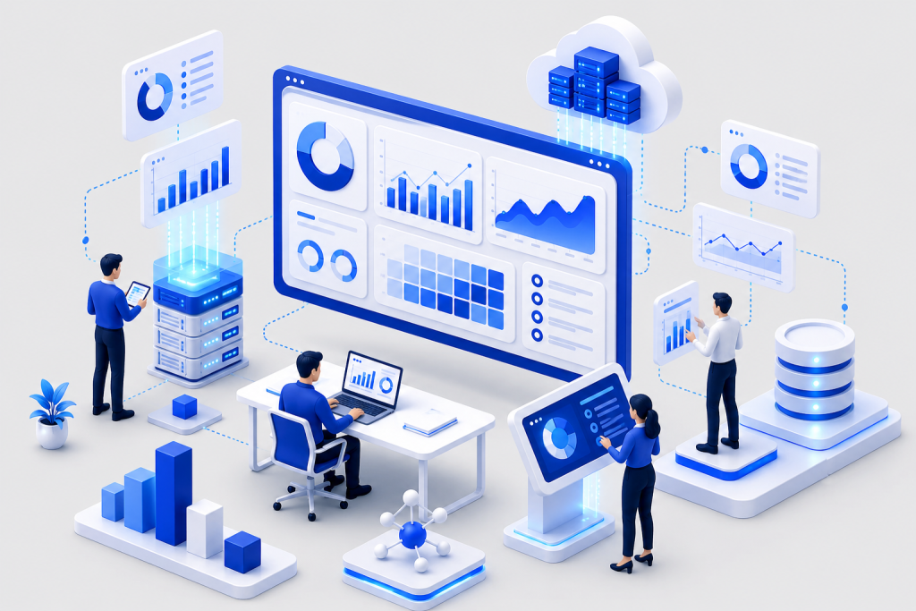Professional data analytics platform featuring interactive dashboards, business intelligence reporting, KPI monitoring, cloud data integration, and real-time performance analytics.