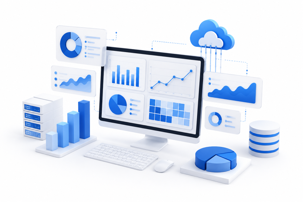 Modern Data & Analytics platform featuring interactive business intelligence dashboards, real-time charts, cloud data integration, KPI monitoring, and enterprise reporting systems.