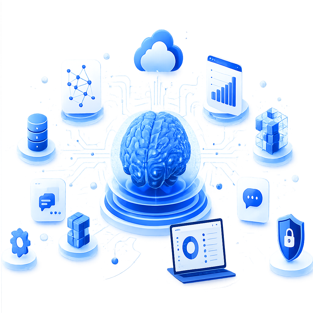 Enterprise Generative AI platform illustration featuring AI, cloud computing, business analytics, intelligent automation, cybersecurity, data management, and digital transformation technologies.