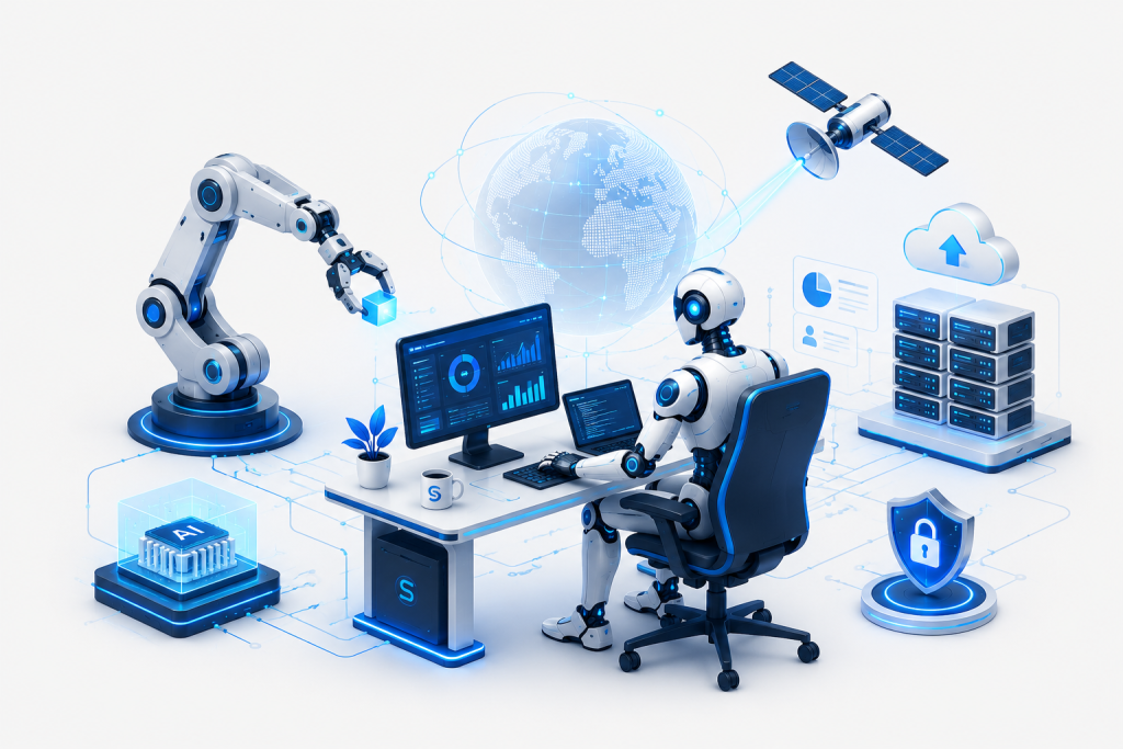 Futuristic AI-powered digital engineering workspace featuring a humanoid robot, robotic arm, holographic globe, satellite laser communication, cloud infrastructure, analytics dashboard, and enterprise technology systems on a transparent background.