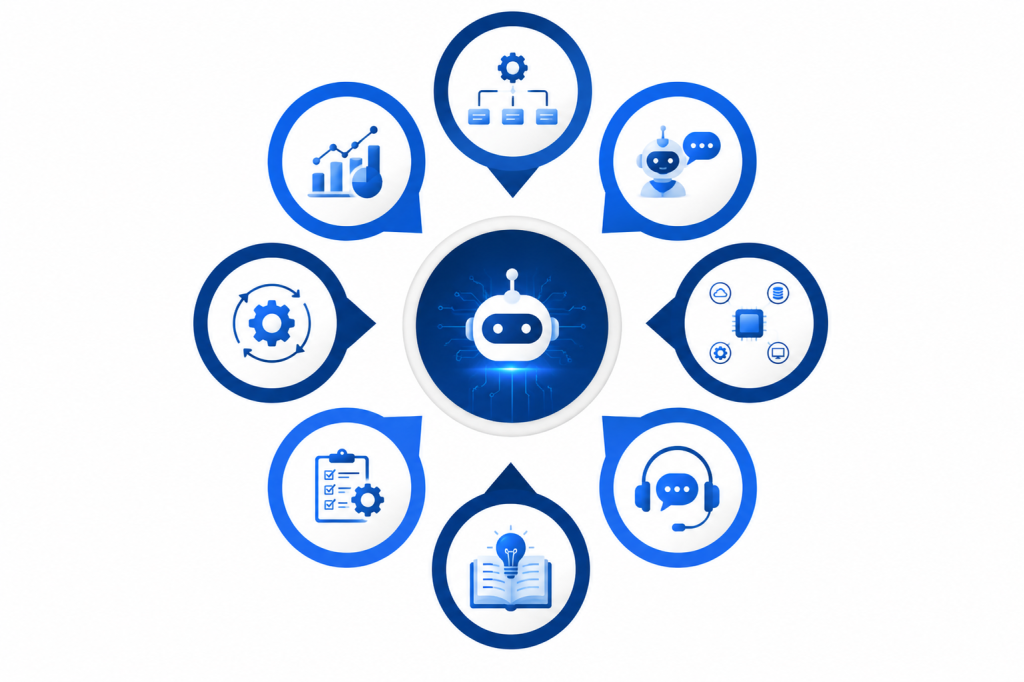 Enterprise AI Agent Ecosystem illustrating workflow automation, AI assistants, system integration, customer support automation, knowledge management, analytics, and intelligent business operations.