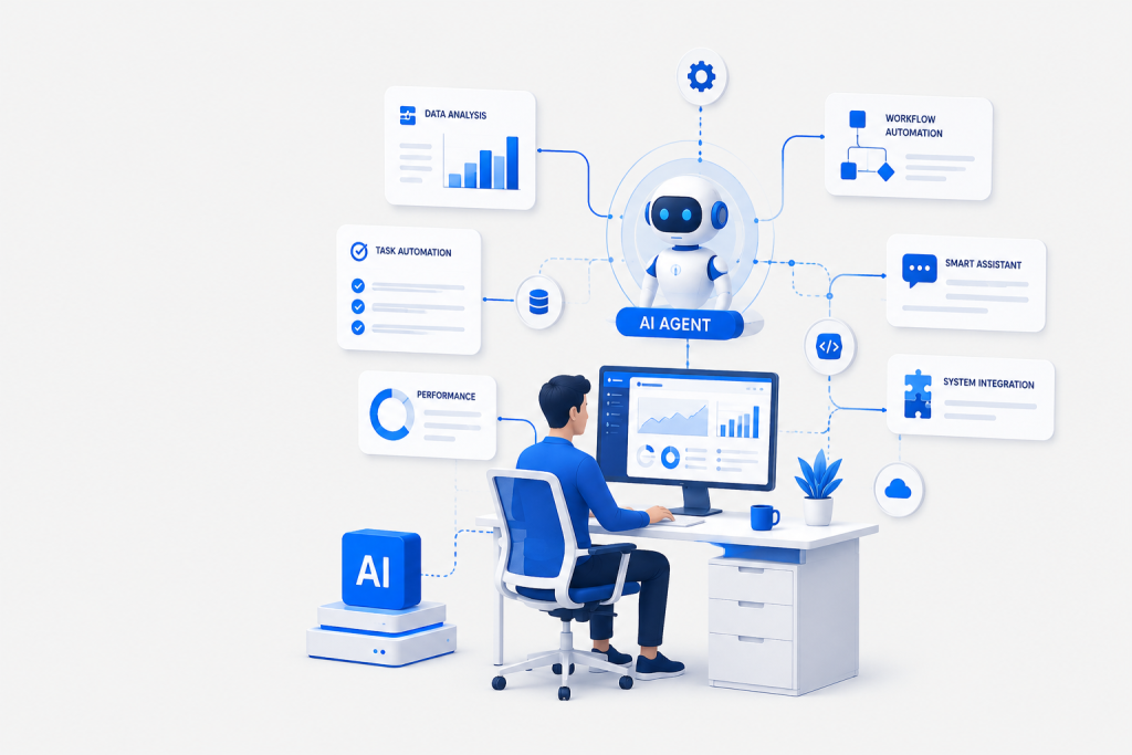 Enterprise AI agent automation platform showing intelligent assistants, workflow automation, data analytics, system integration, business intelligence dashboards, and connected digital operations.
