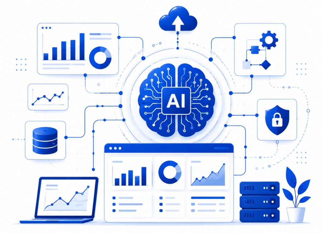 Enterprise AI Transformation illustration featuring artificial intelligence, data analytics, cloud computing, automation, cybersecurity, and digital engineering solutions.