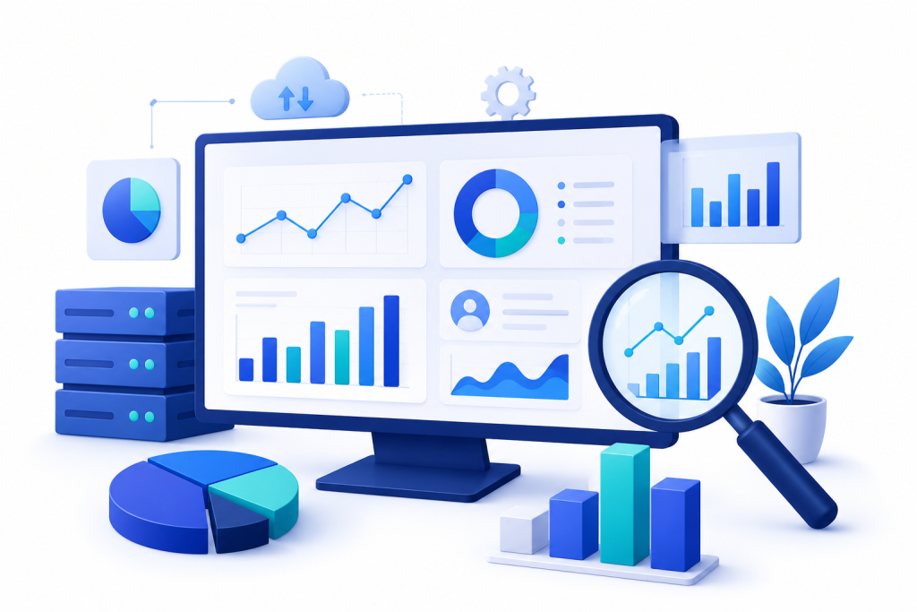 Enterprise Data and Analytics dashboard illustration showing business intelligence, data visualization, reporting, predictive analytics, cloud data, and performance insights.