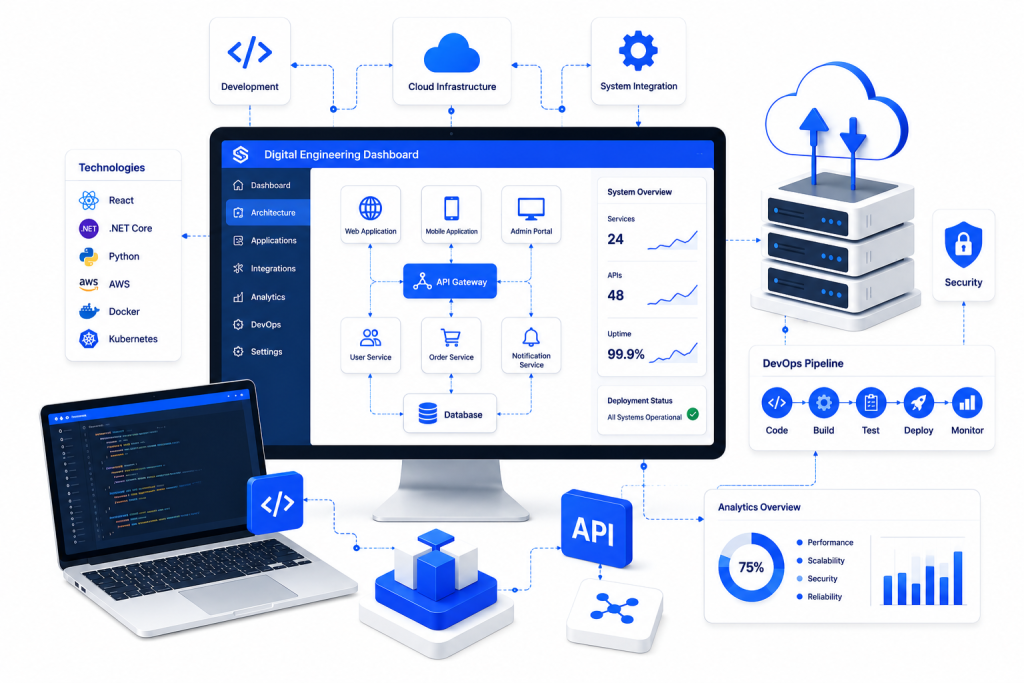 Enterprise digital engineering illustration showing software architecture, cloud infrastructure, system integration, application development, and digital transformation technologies.