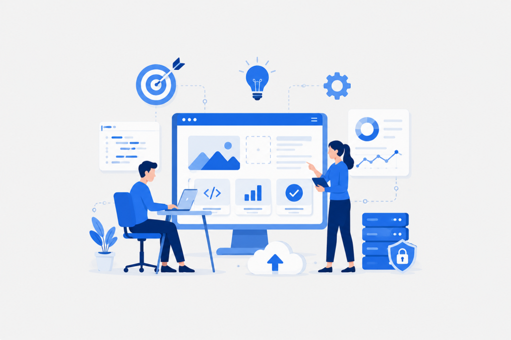 Modern digital engineering illustration featuring software development, cloud infrastructure, UI/UX design, analytics dashboards, secure systems, and enterprise technology collaboration.