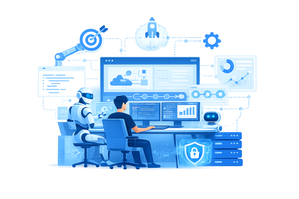 Futuristic robotics and digital engineering illustration featuring AI-powered humanoid robots, software engineering workstations, cloud infrastructure, cybersecurity protection, analytics dashboards, and enterprise automation systems.