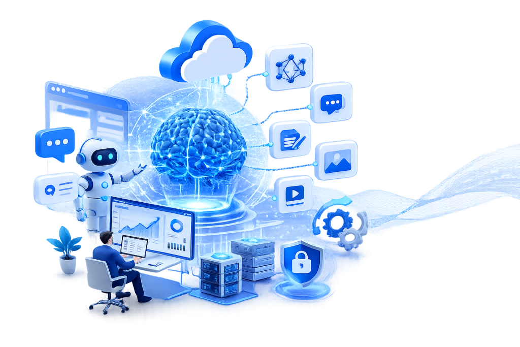 Advanced Generative AI illustration featuring a humanoid AI assistant, neural network brain, cloud computing, enterprise analytics dashboards, intelligent content generation, cybersecurity, and business automation systems.