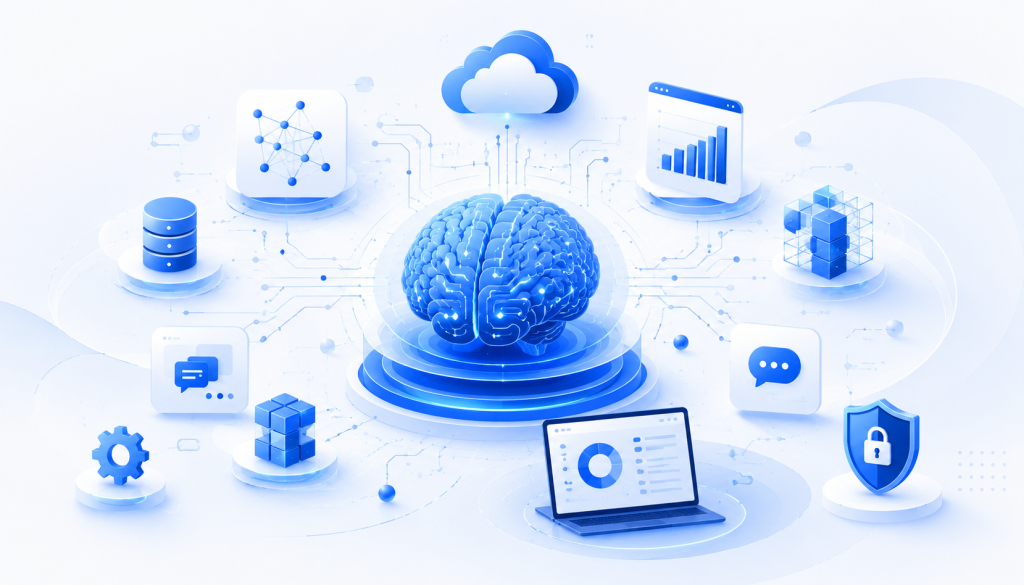 Enterprise Generative AI platform illustration featuring artificial intelligence, cloud computing, business analytics, intelligent automation, cybersecurity, data management and digital transformation technologies.