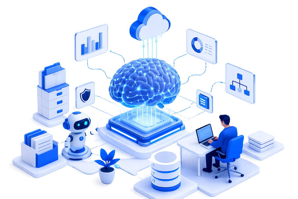 AI-powered knowledge automation illustration featuring a neural network brain, intelligent AI assistant, cloud integration, enterprise document management, analytics dashboards, cybersecurity, workflow automation, and knowledge discovery systems.